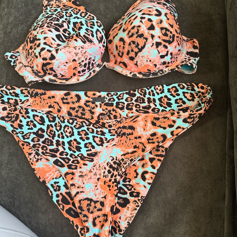 Leopard Print Bikini Set - Orange and Blue